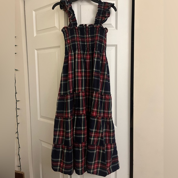 BNC Hill House The Ellie Nap Dress in Navy Tartan Plaid Midi Ruffle Dress - Picture 5 of 10